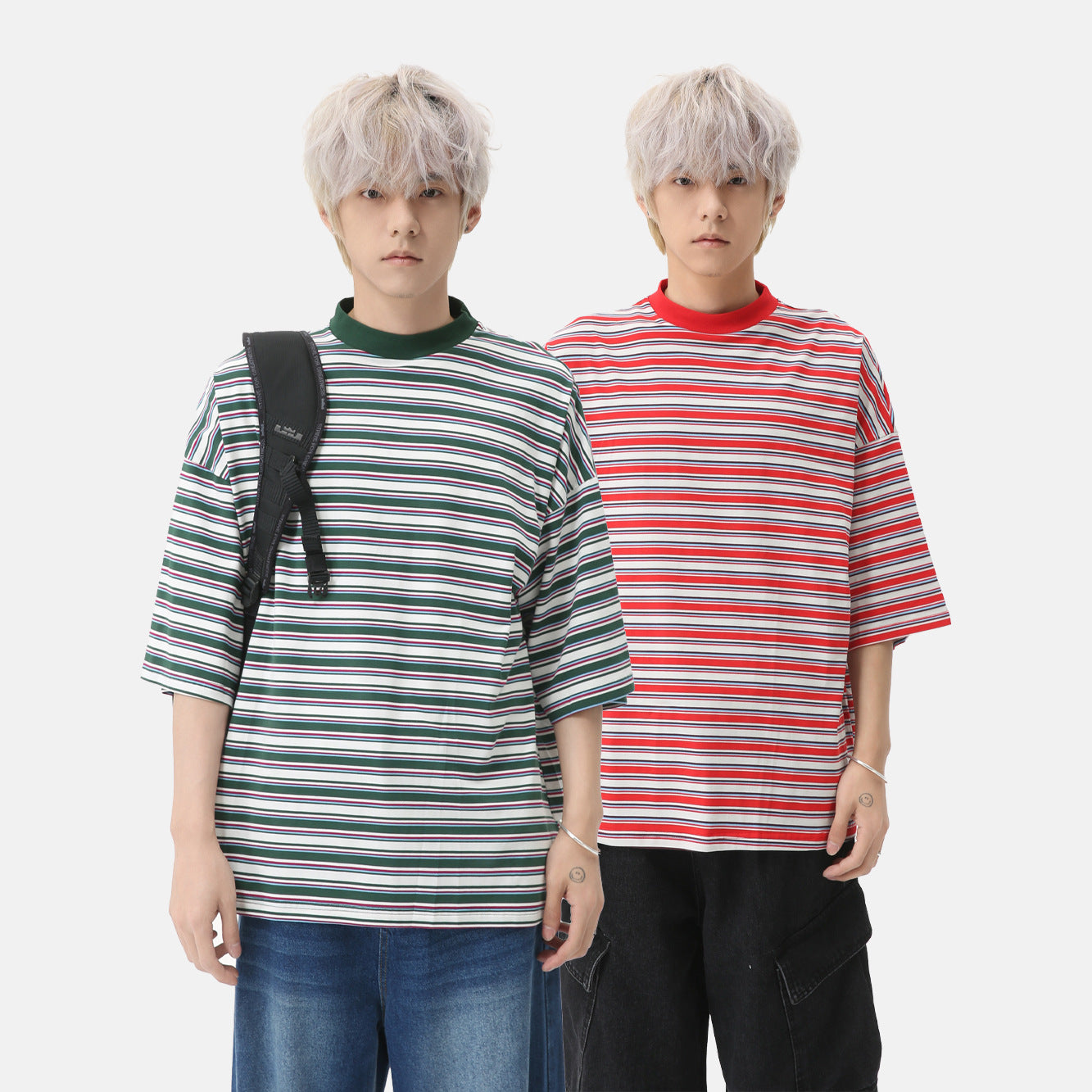 MTLCLOTHES Korean Version Striped Contrasting Retro Loose Tee