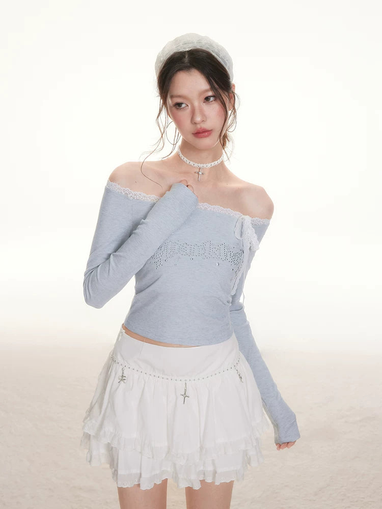 Imone Letter Iron Nail Lace Splicing Short Tee