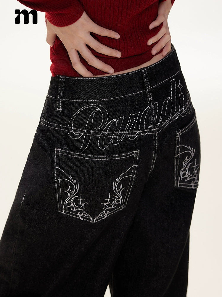 Imone Retro Bright Thread Embroidered Loose and Thin Jeans