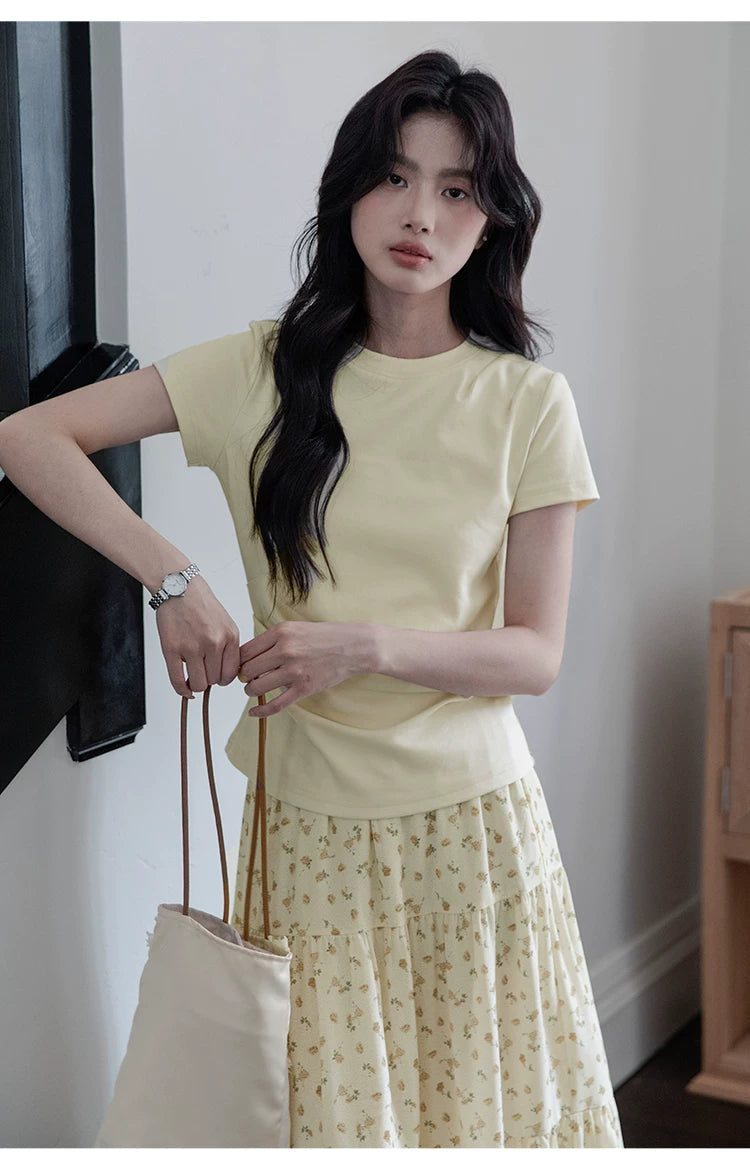 XUJING Pleated Front Shoulder Slim and Thin Tee