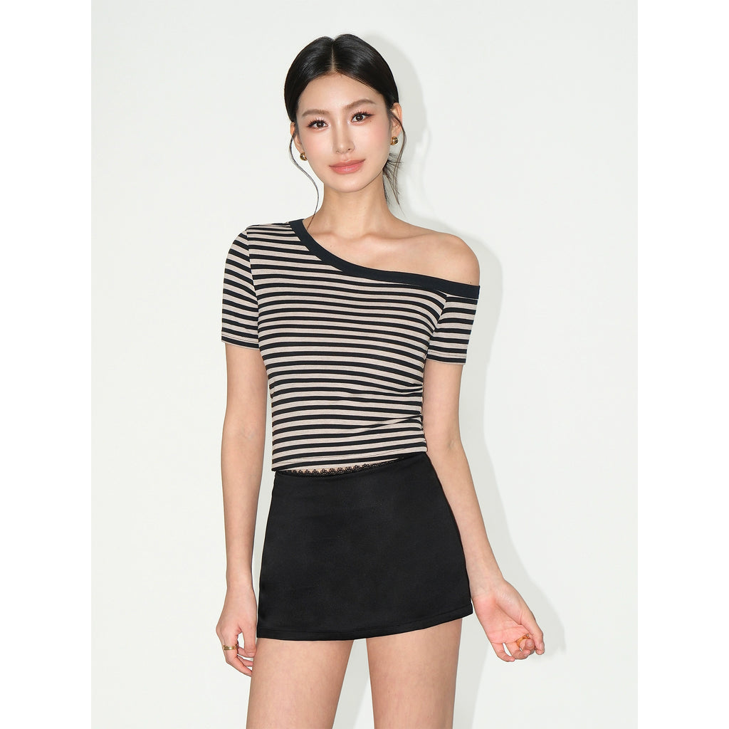 NEVA HU Temperament Slant Neck Off-Shoulder Striped Tee