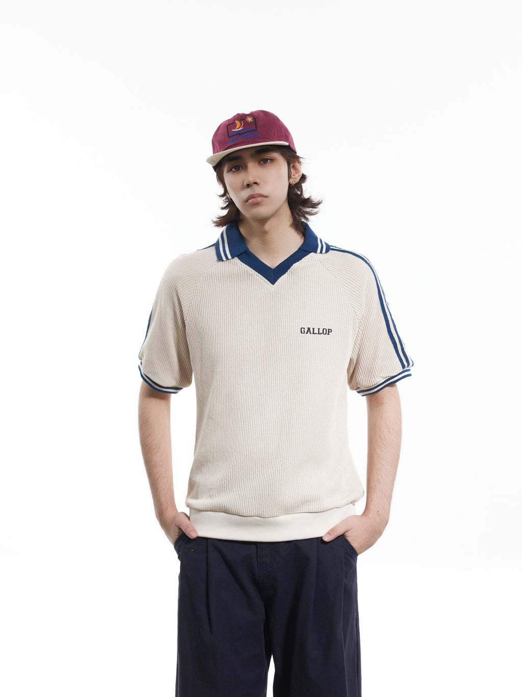 BTSG contrasting webbing striped flip V-neck short-sleeved Tee