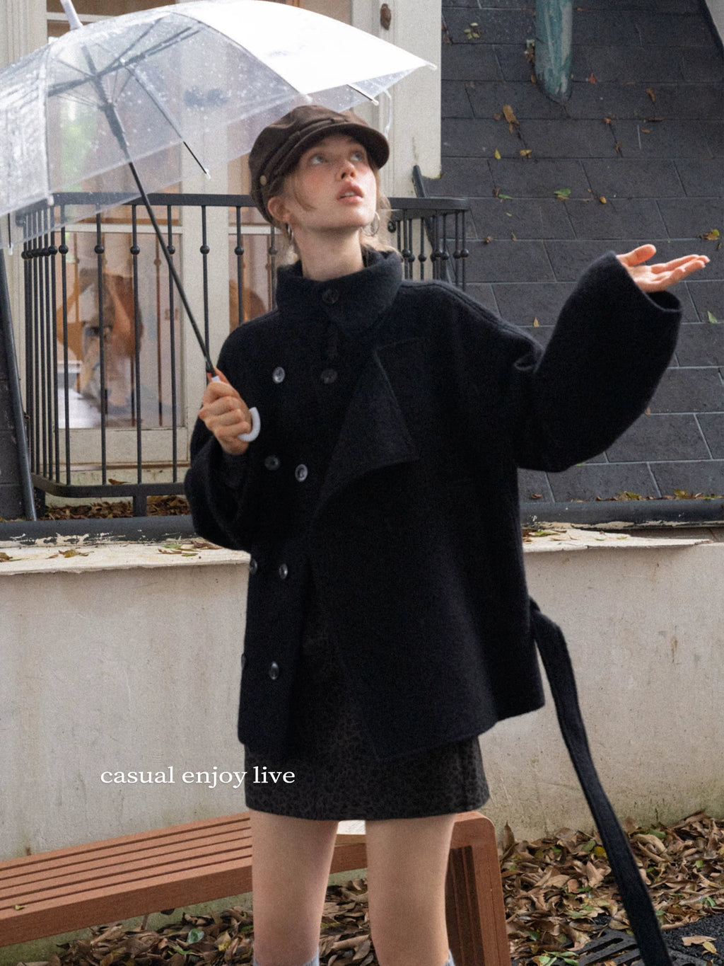 EGGKA Premium Sense Stand-Up Neck Lace-Up Waist Woolen Jacket