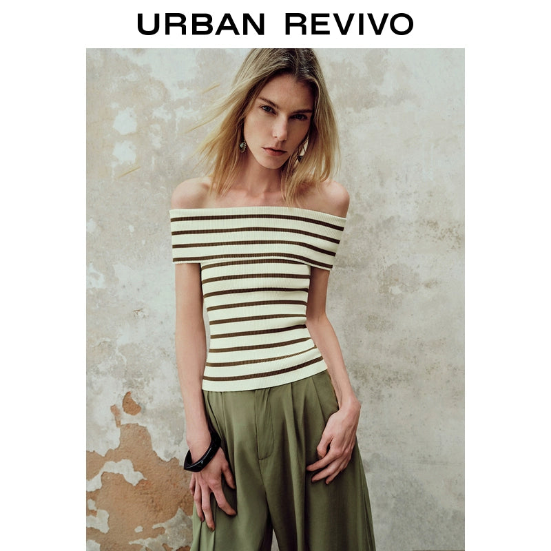 URBAN REVIVO One-word Shoulder Contrasting Striped Pit-pattern Knitted Sweater