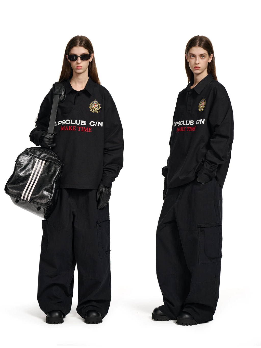 Loopsoon Alphabet Embroidered Lapel POLO Long Sleeve Shirt