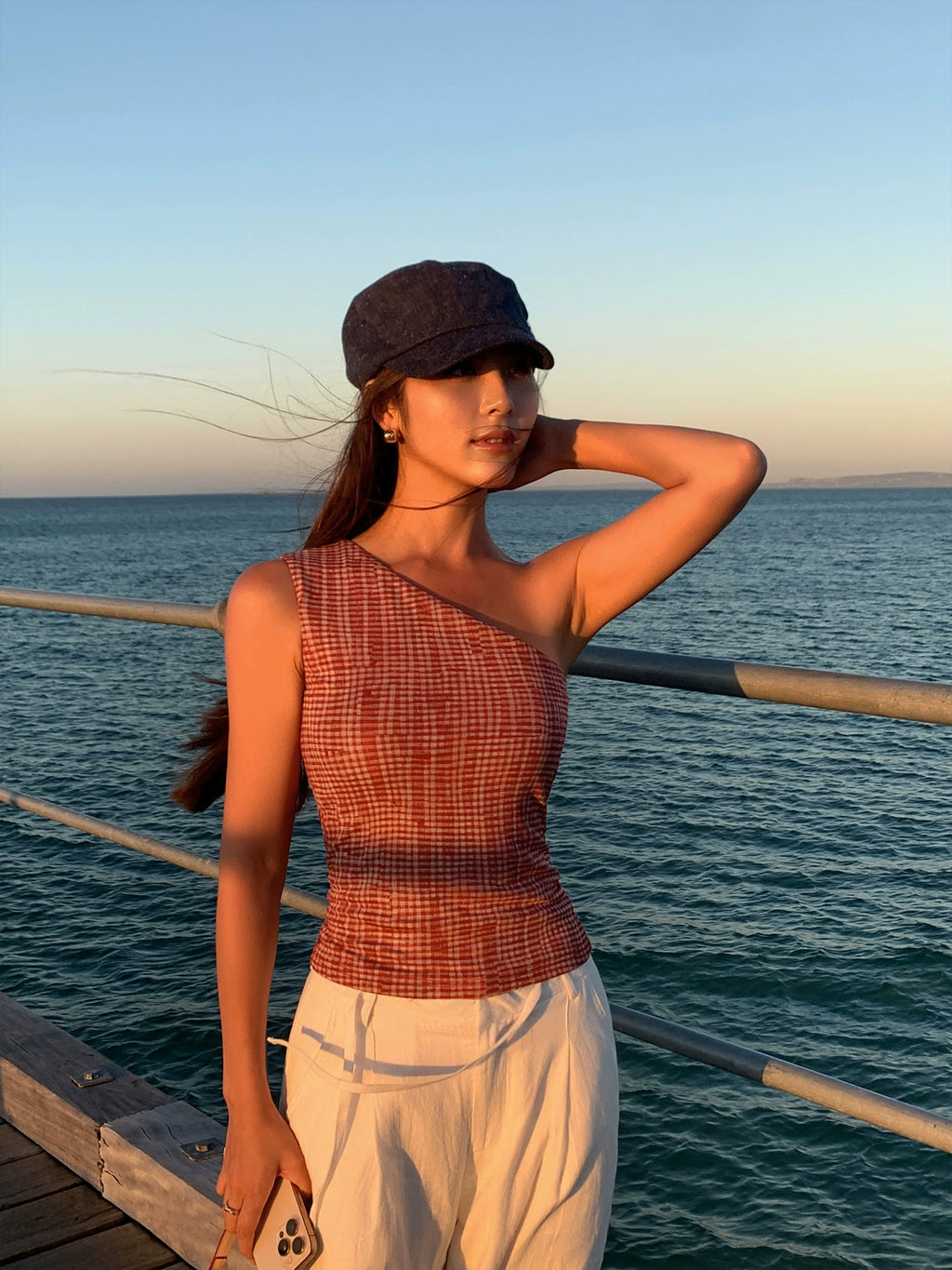 NEVA HU Slanted Shoulder Plaid Sling Vest