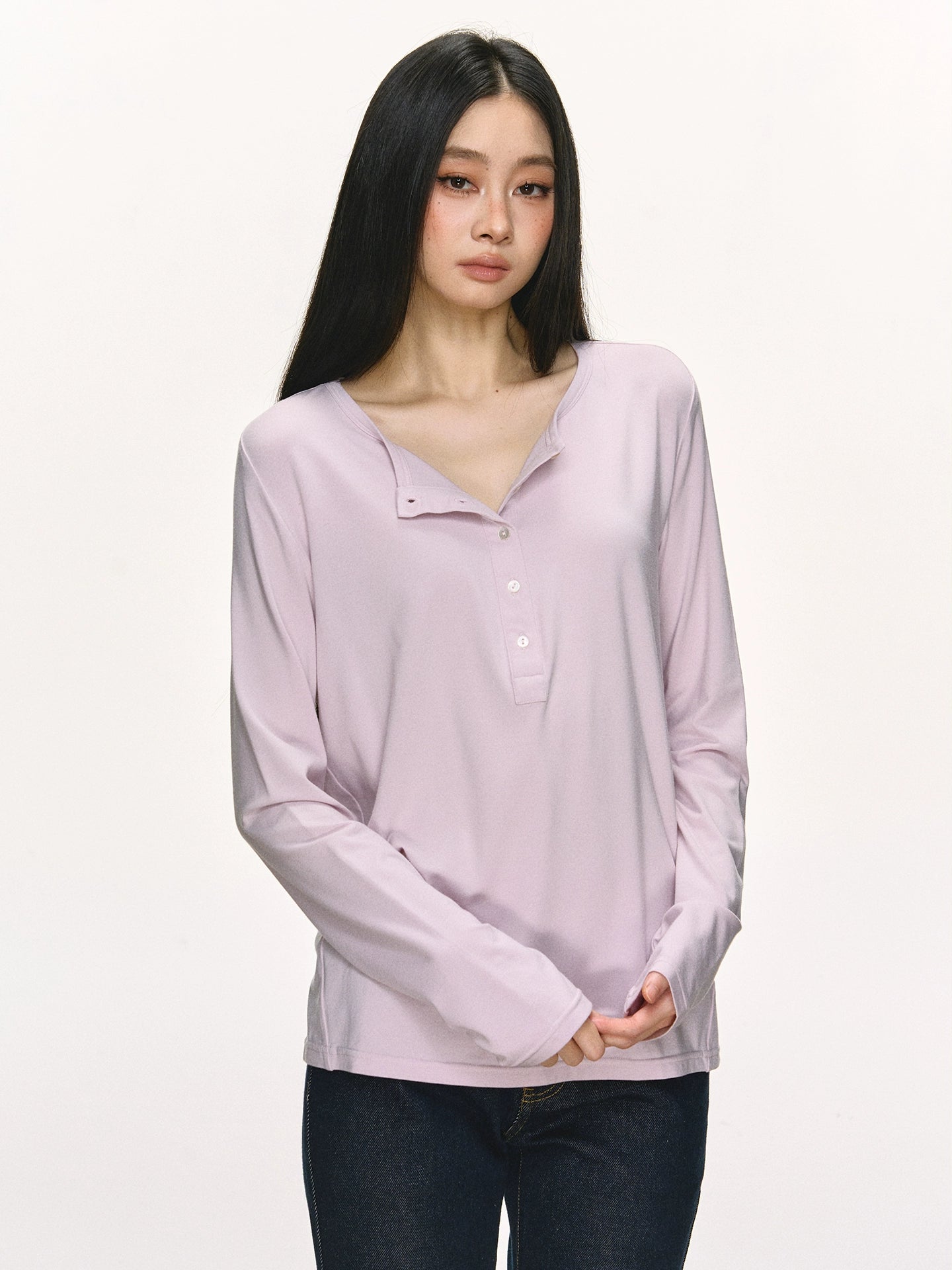 Anna Aneae Henry Collar Bottom Casual Long Sleeve