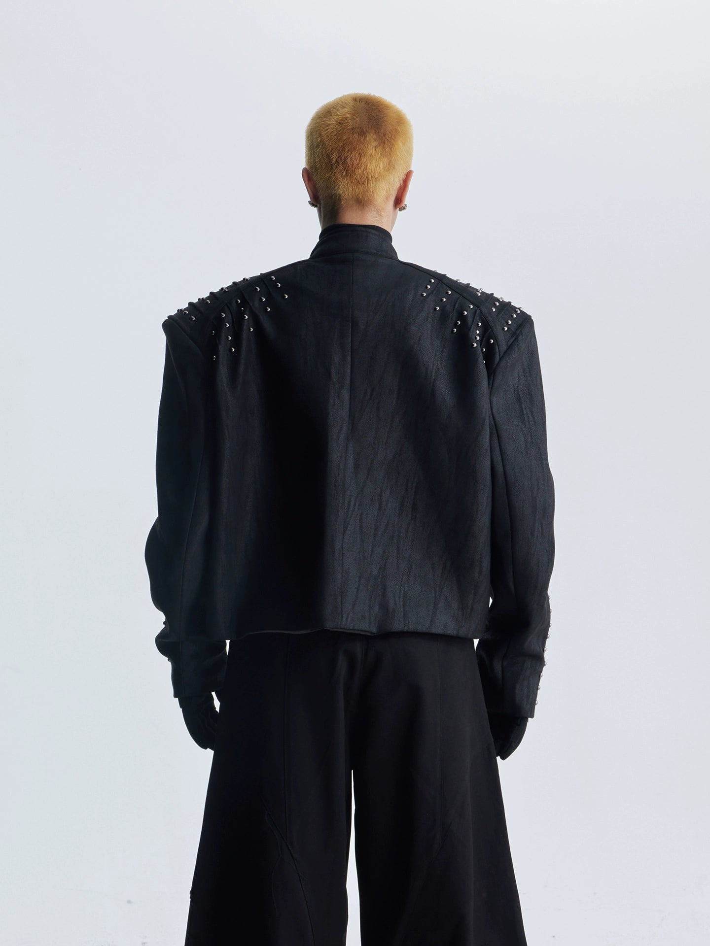 NOMANIAI Rivet Trim Loose Shoulder Padded Leather Jacket Zipper Jacket