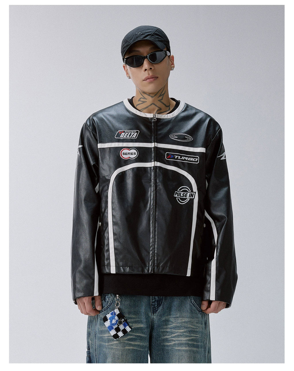 F2CE Embroidered Vintage Striped Stitched Loose Leather Jacket