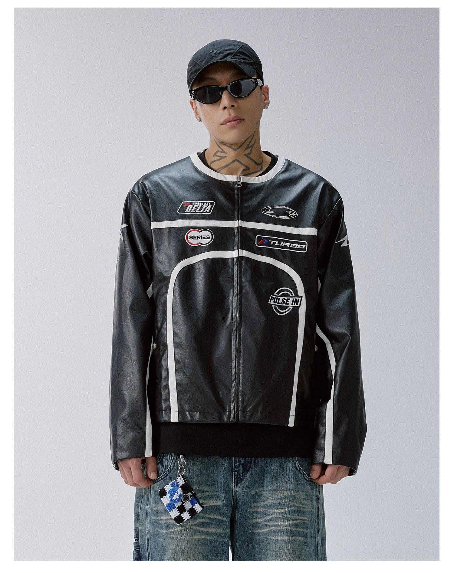 F2CE Embroidered Vintage Striped Stitched Loose Leather Jacket