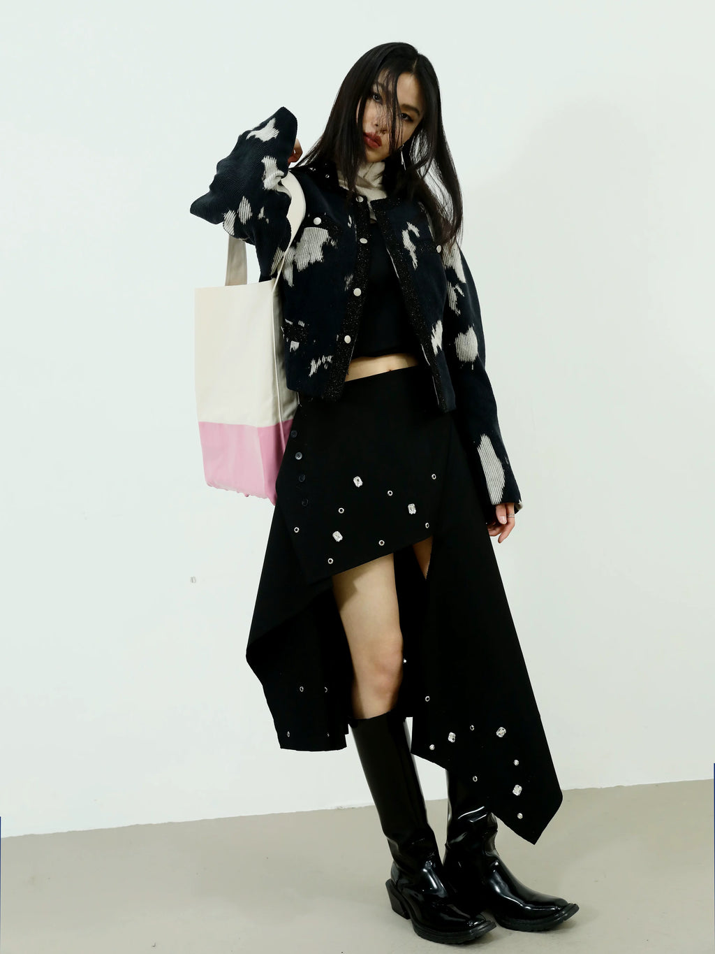 JNYLON Bright Diamond Rivets Two Wear Neck Irregular Skirt