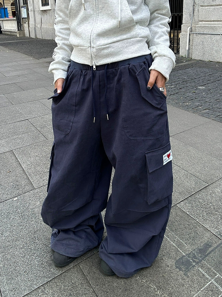 EAHO Vintage Elastic Waist Multi-Pocket Wide Leg Casual Pants