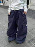 EAHO Vintage Elastic Waist Multi-Pocket Wide Leg Casual Pants