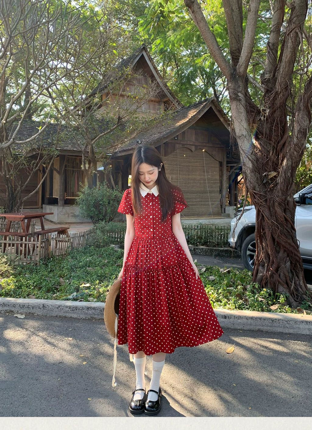MUCHA Lapel Waist Thin Polka Dot Dress