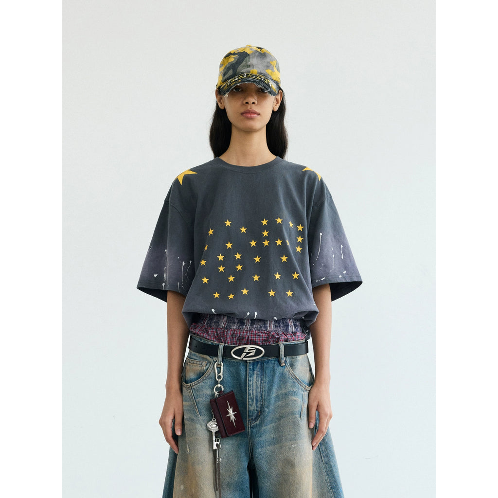 PEOPLESENSE Retro Spray Horse Willow Splashing Ink Printing Gradual Change Washed Tee