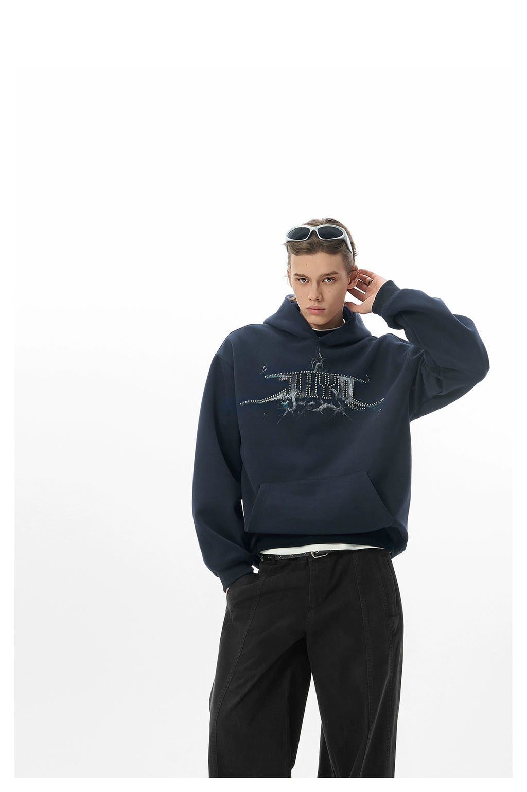 JHYQ Retro Letter Print Beaded Hooded Sweater