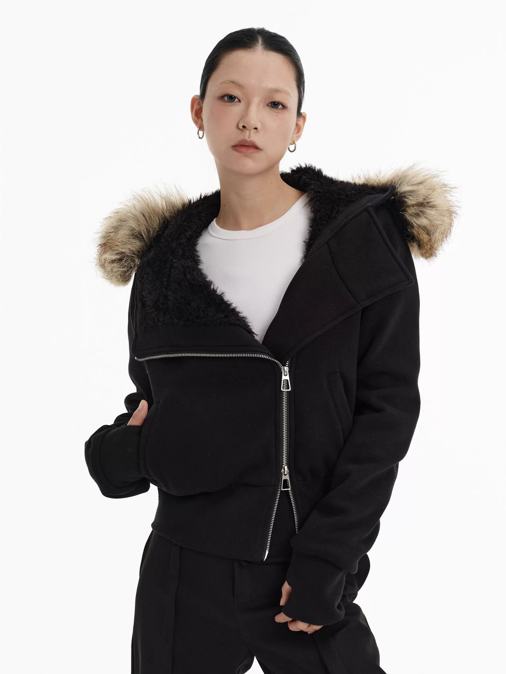 LINY LIBERTY Loose Raccoon Real Fur Collar Jacket Thickened Coat