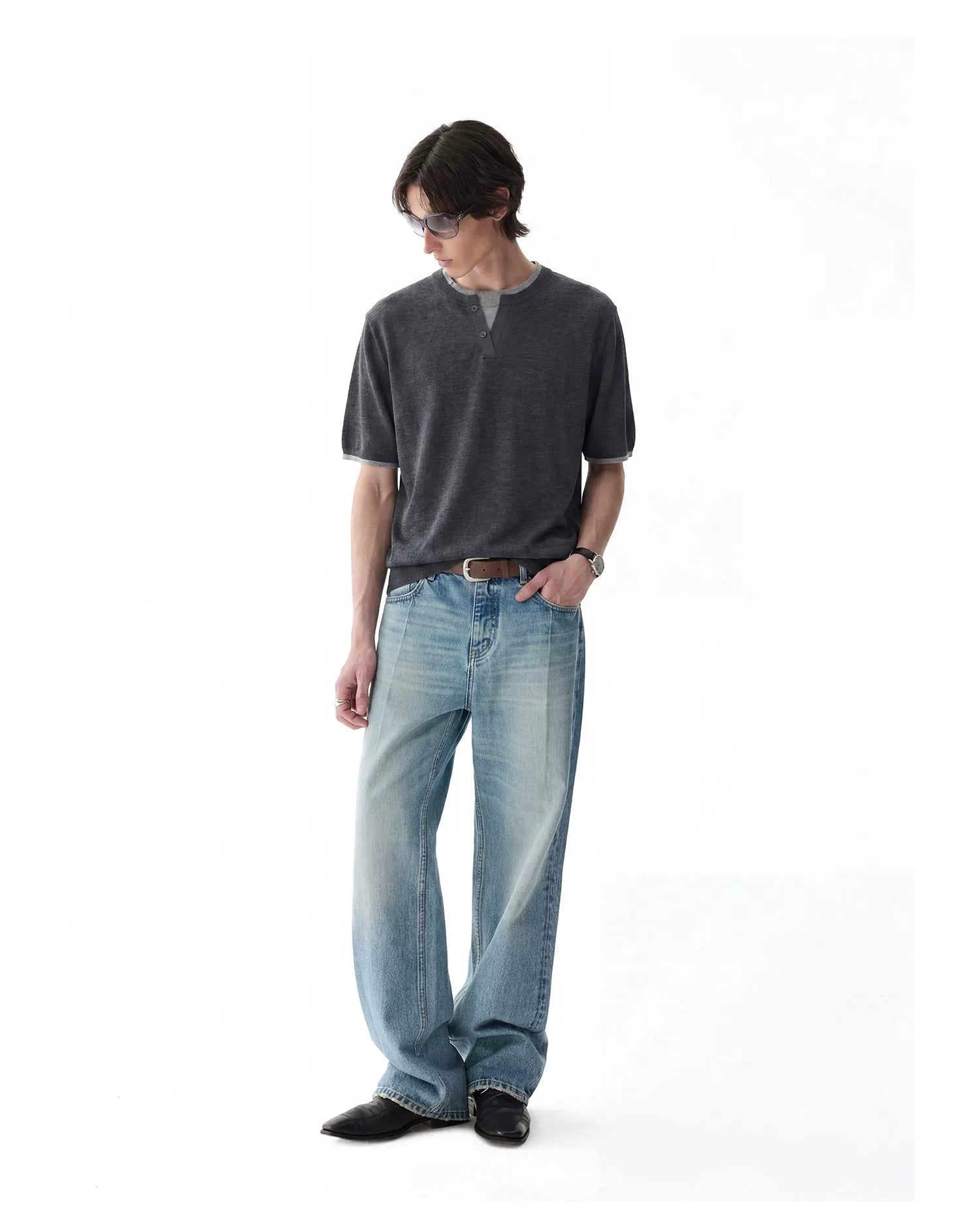 TERRAINCOGNITA V-neck Fake Two-piece Knitted Tee