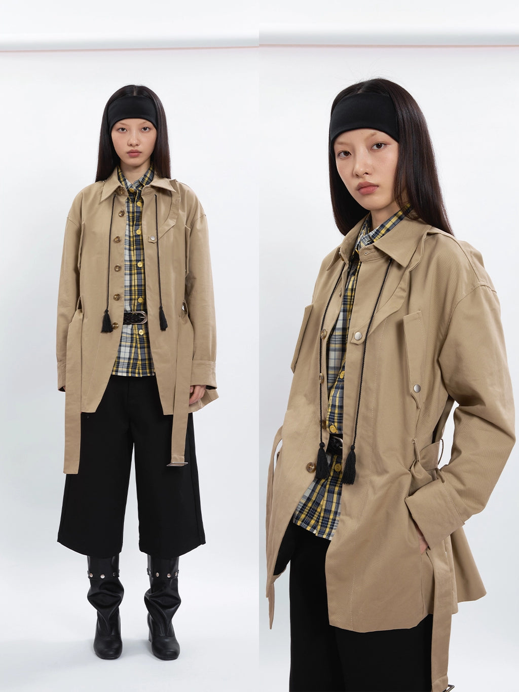 FUNKYFUN Medium and Long Khaki Lapel Jacket