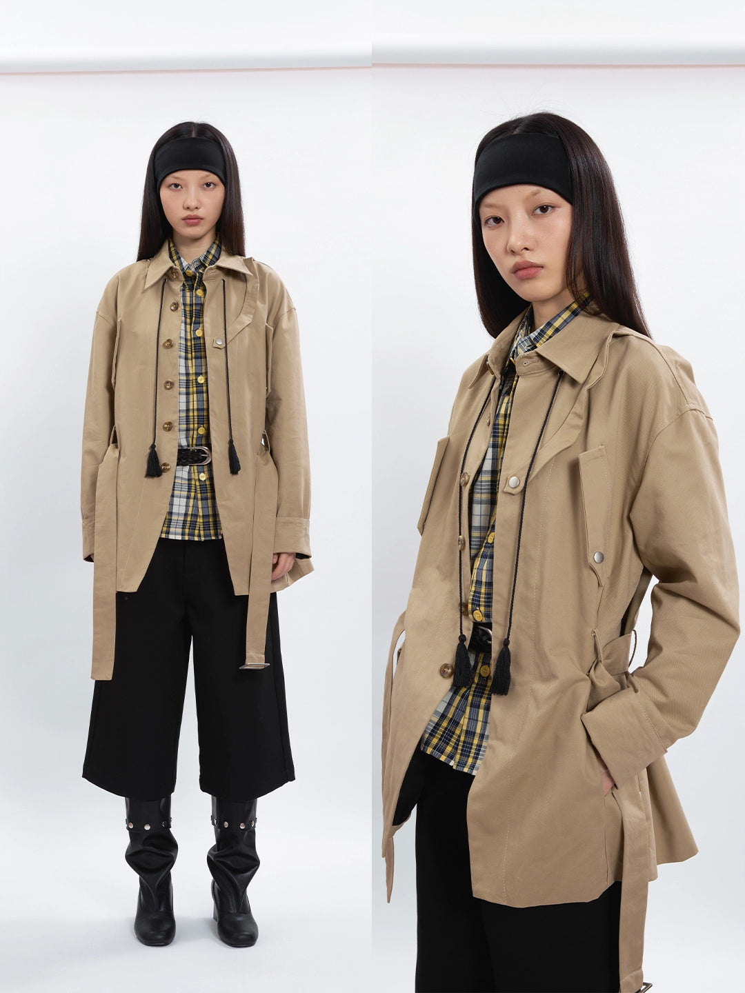 FUNKYFUN Medium and Long Khaki Lapel Jacket