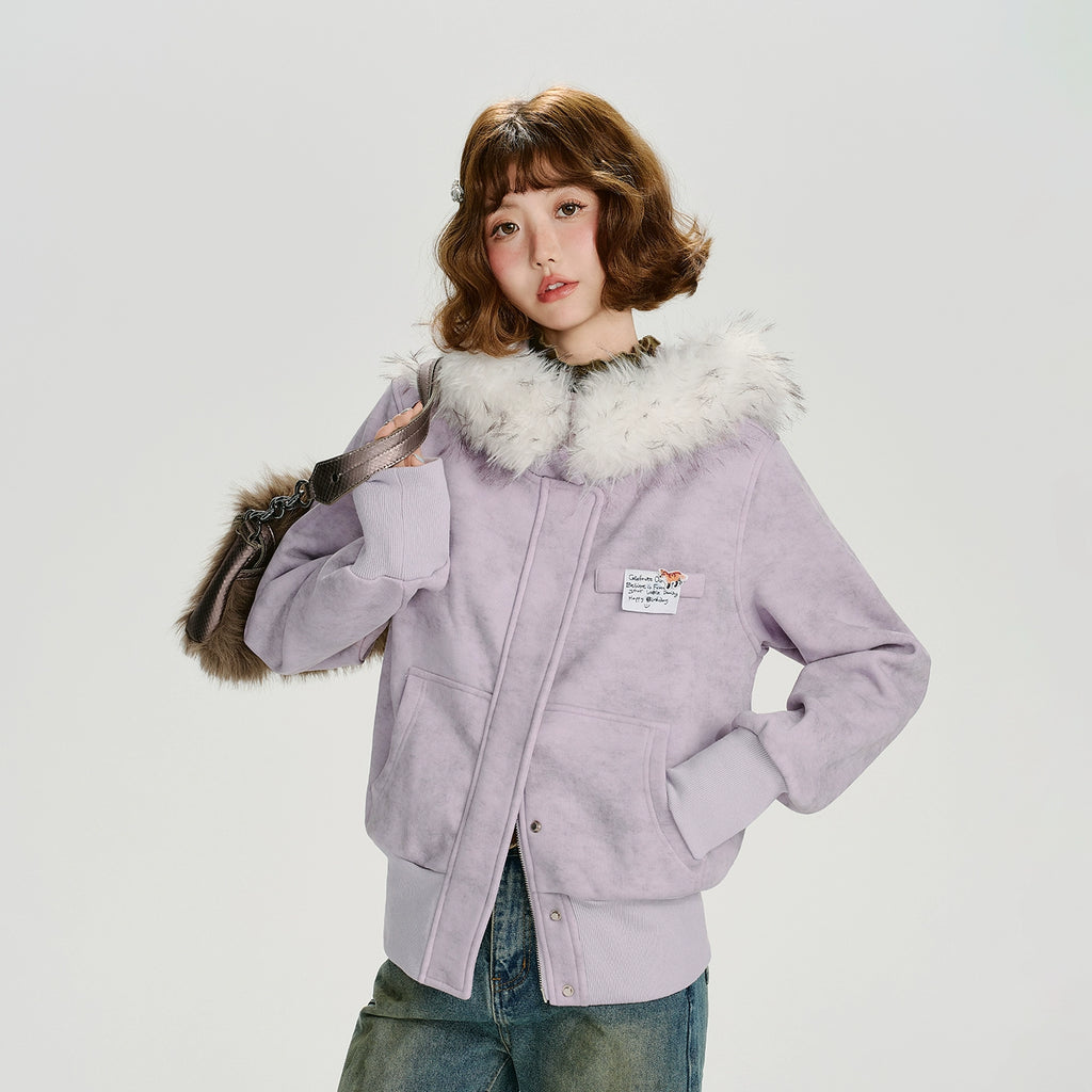 Girlyhalo Vintage Fur Collar Slim Fit Hooded Jacket
