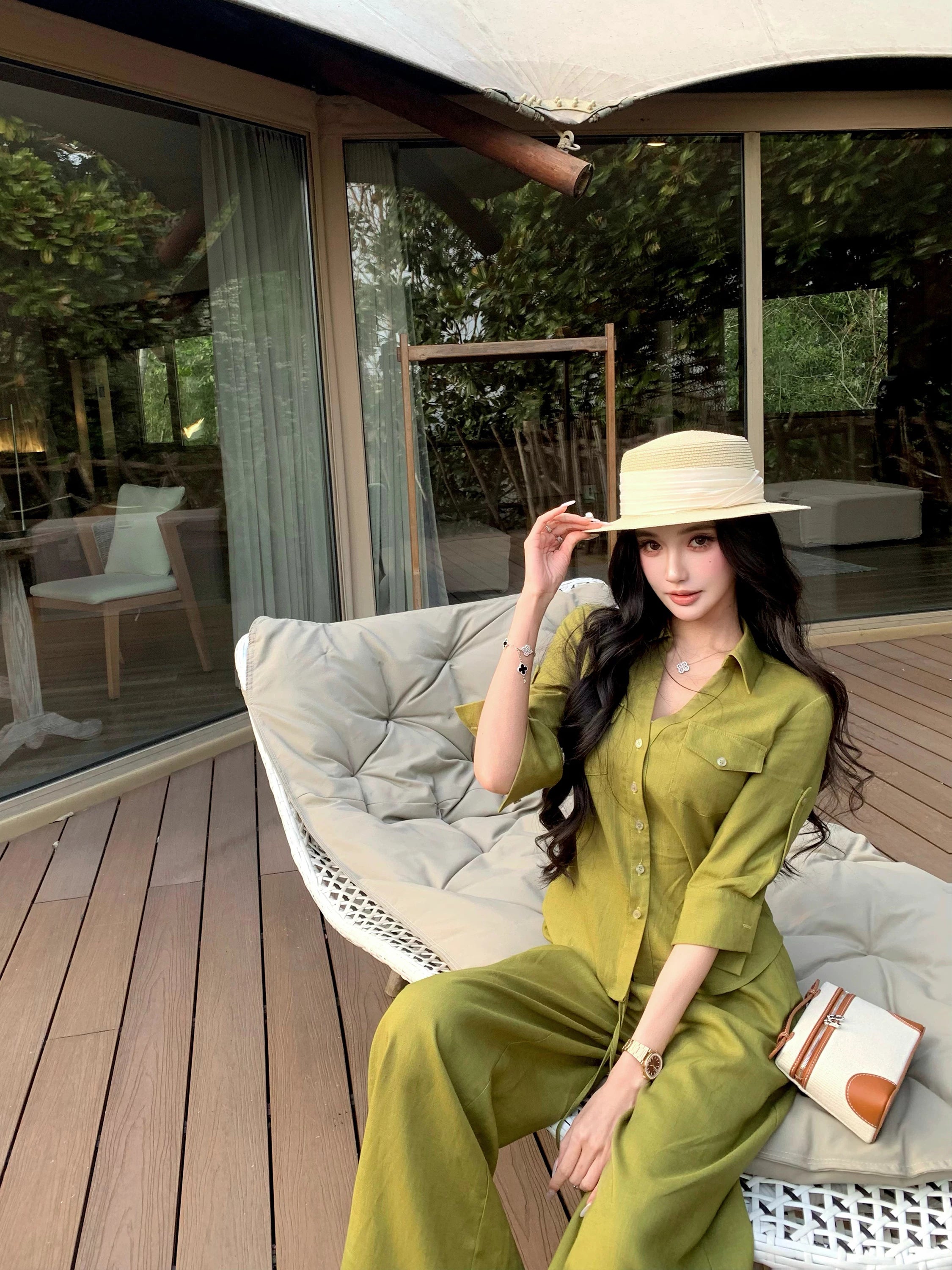 Barb Chill Tencel Linen Wide Leg Pants Set