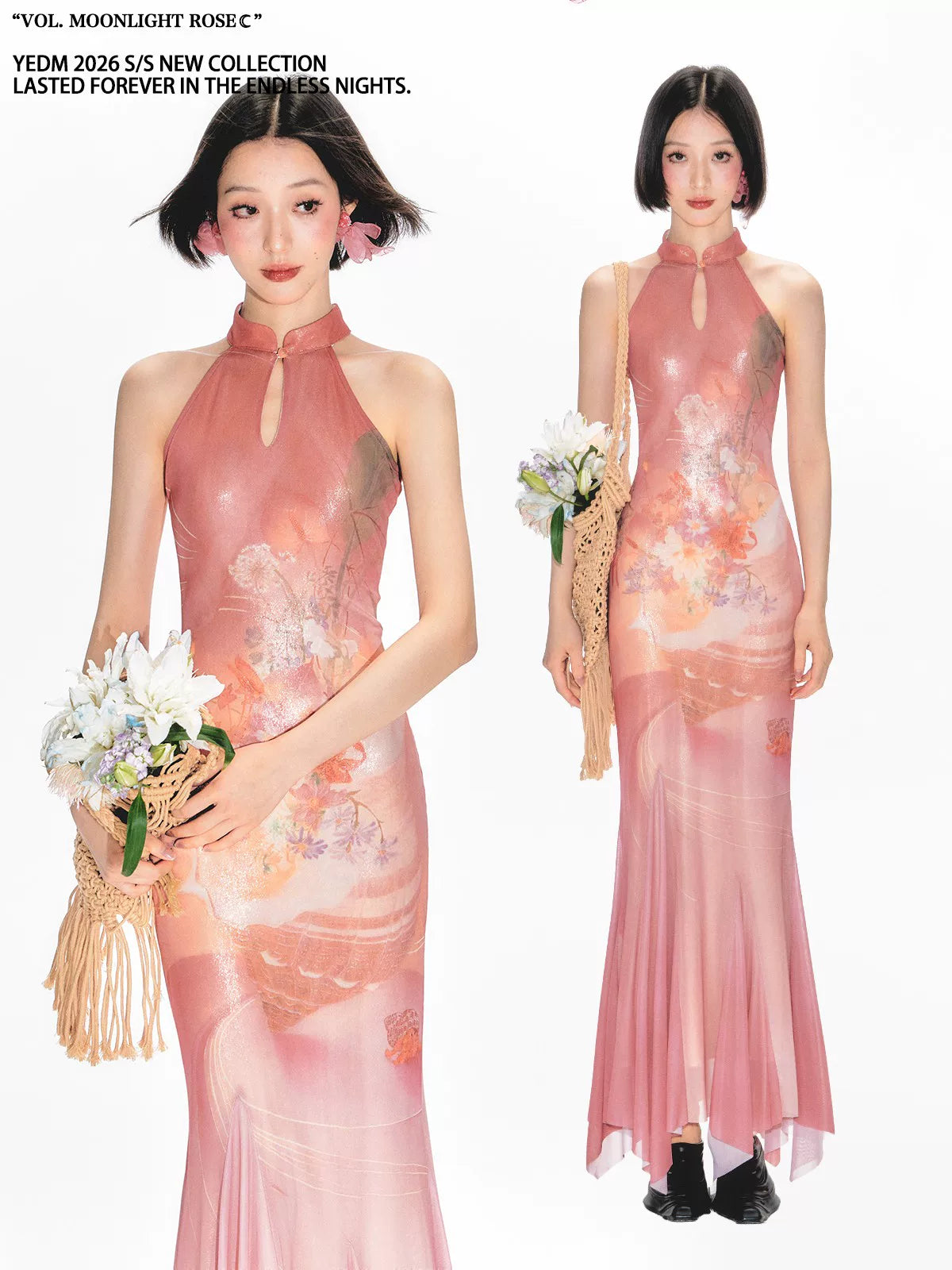 YEDM Stand-up Neck Cheongsam Floral Fishtail Dress