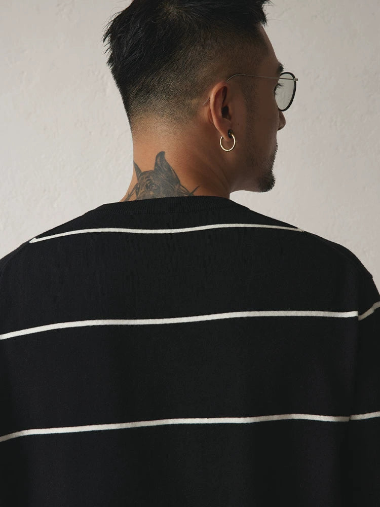 SUPERTOFU Striped Threaded Bottom Straight Shoulder Knitted Tee