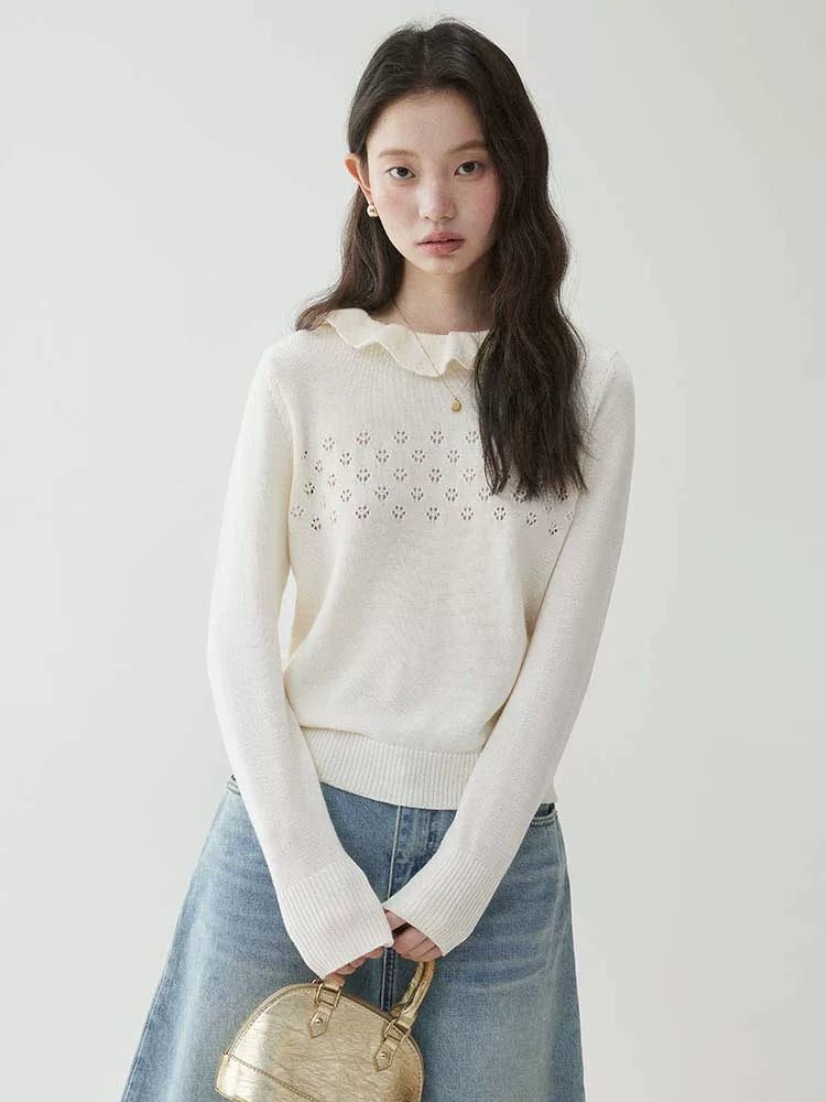 VOOE Lace Round Neck Hollow Long Sleeve