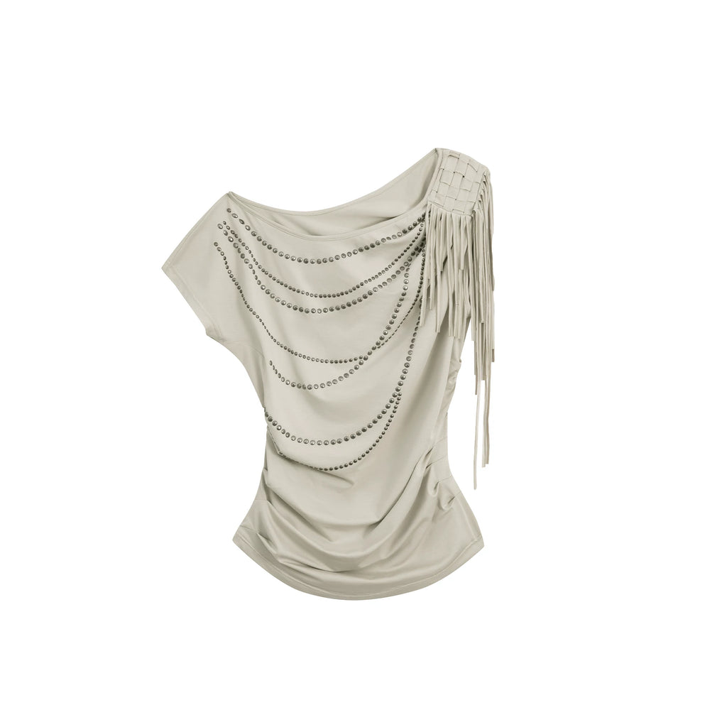 DoublePunch Off-Shoulder Tassel Loose Pleated Hot Diamond Tee