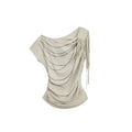 DoublePunch Off-Shoulder Tassel Loose Pleated Hot Diamond Tee