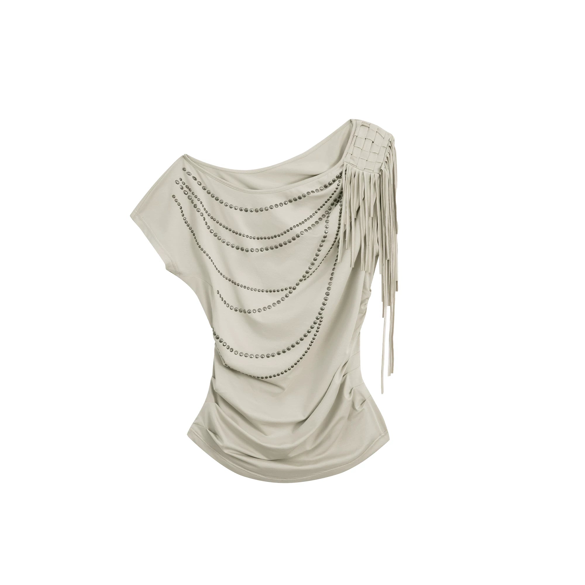 DoublePunch Off-Shoulder Tassel Loose Pleated Hot Diamond Tee