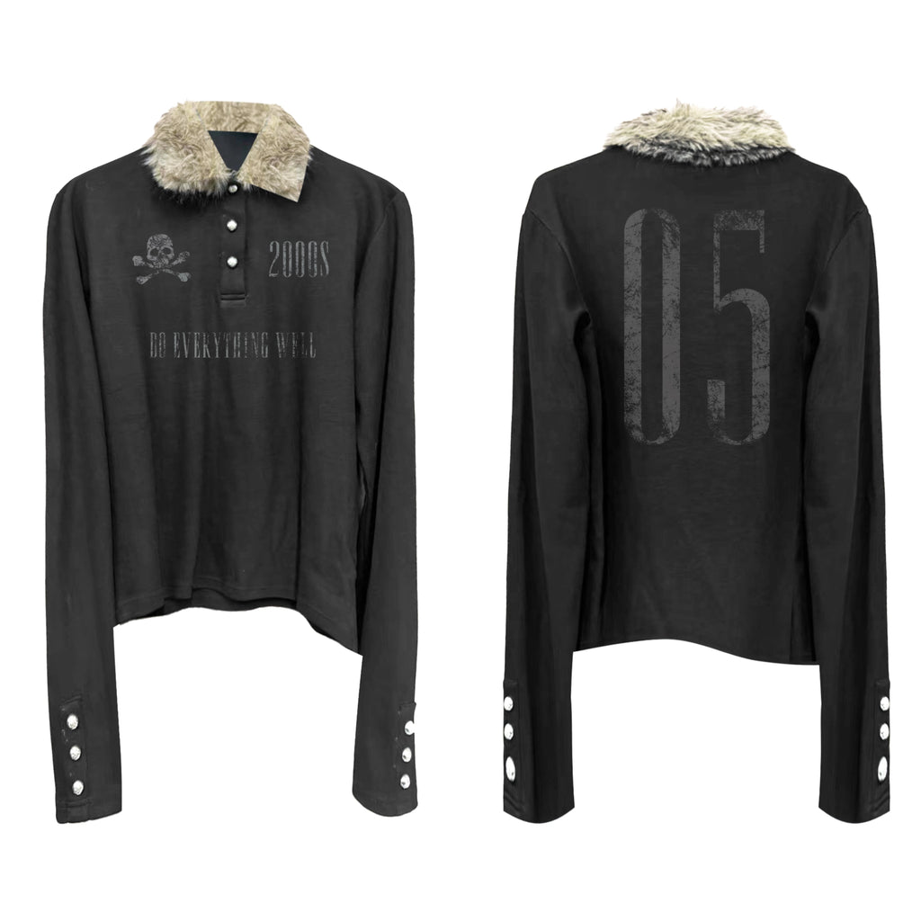 DETW Fur Neck Splicing Slim-fit Short Long-sleeved Polo Shirt