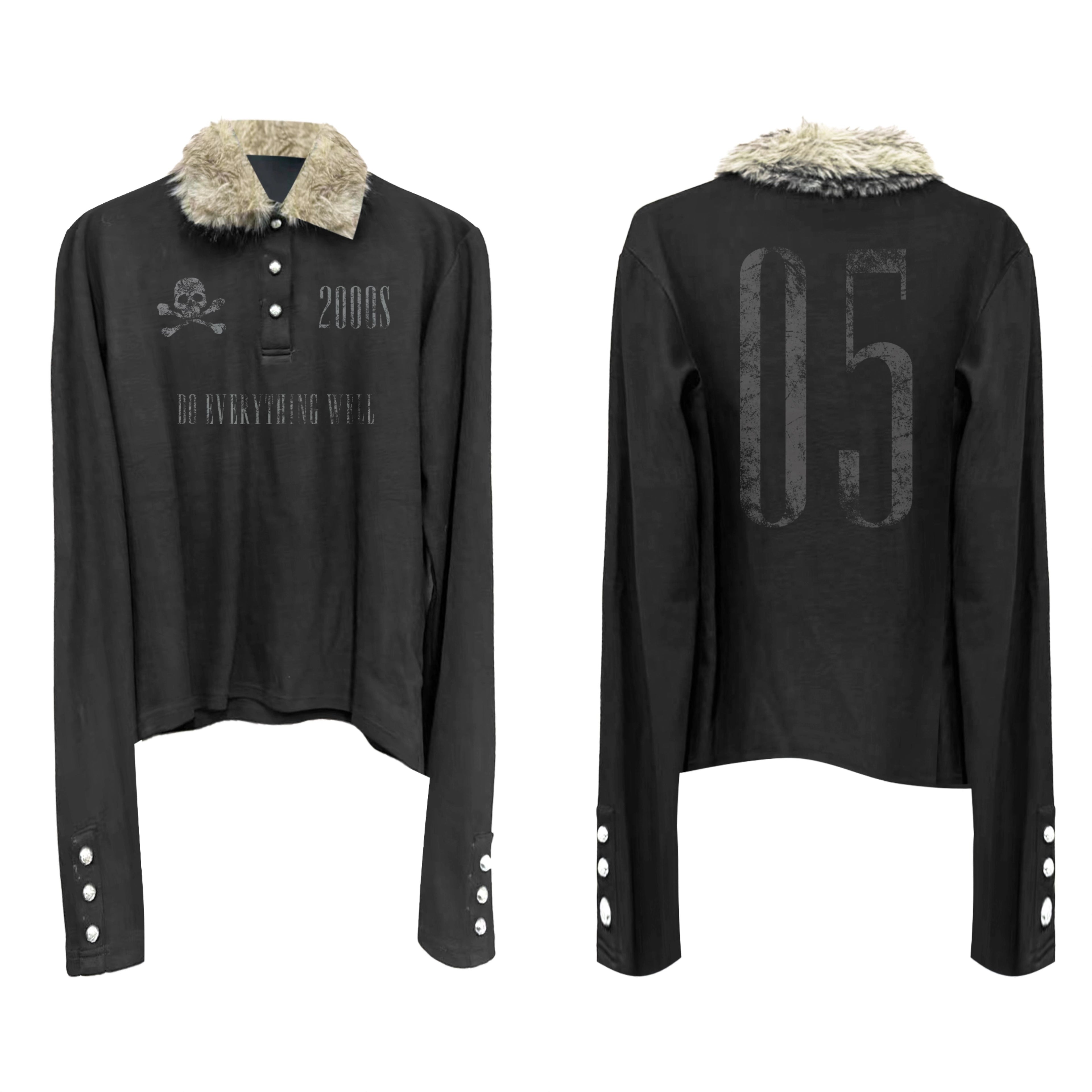 DETW Fur Neck Splicing Slim-fit Short Long-sleeved Polo Shirt