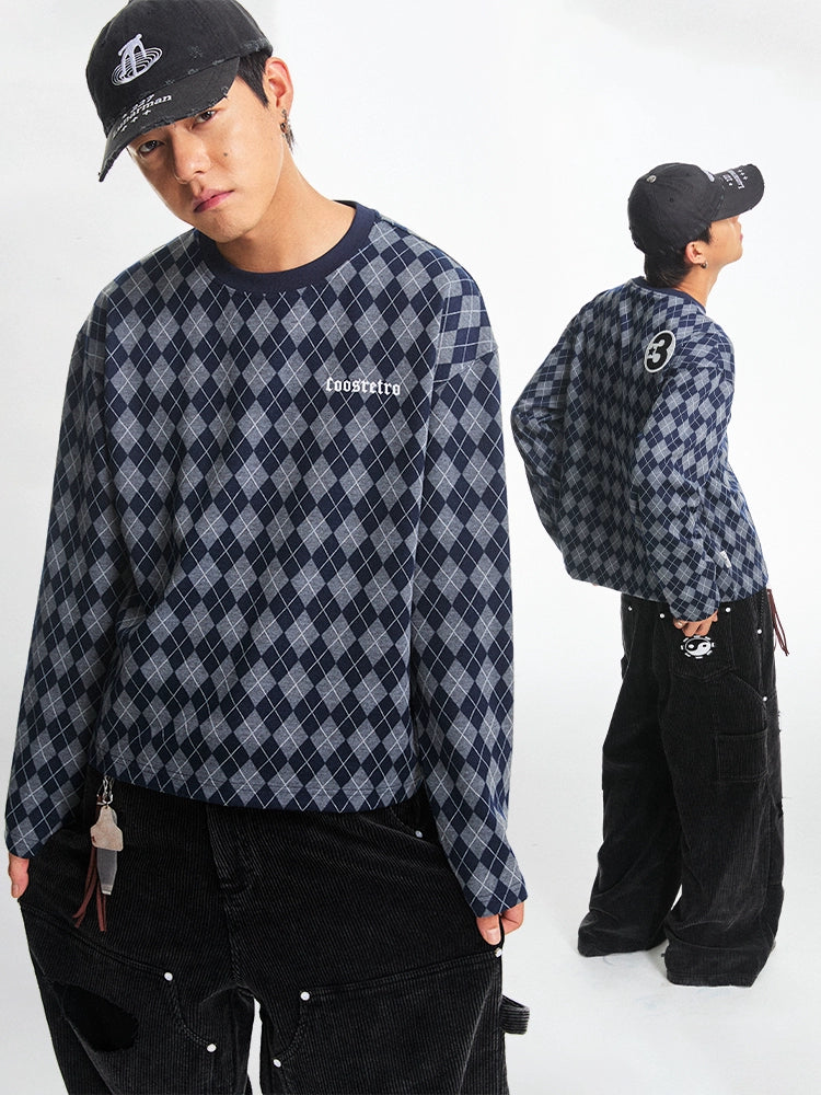 CoosRetro Vintage Rhombus Plaid Embroidery Casual Long Sleeve