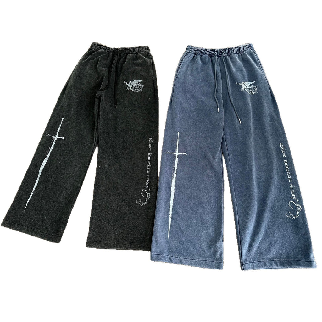 11KN Vintage Drawstring Letter Print Wide Leg Pants