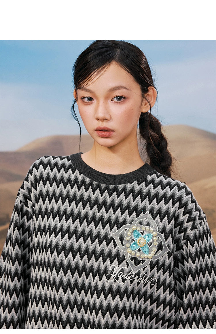 YADcrew Casual Beaded Cross Flower Wavy Knitted Sweater