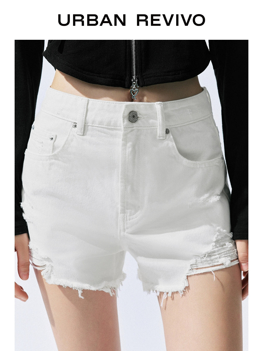 URBAN REVIVO Simple Street-style Fringed Casual Shorts