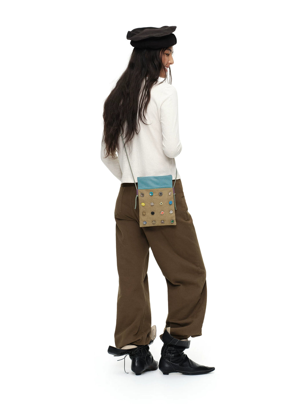 Oinimi Fun Button Contrast Striped Shoulder Bag