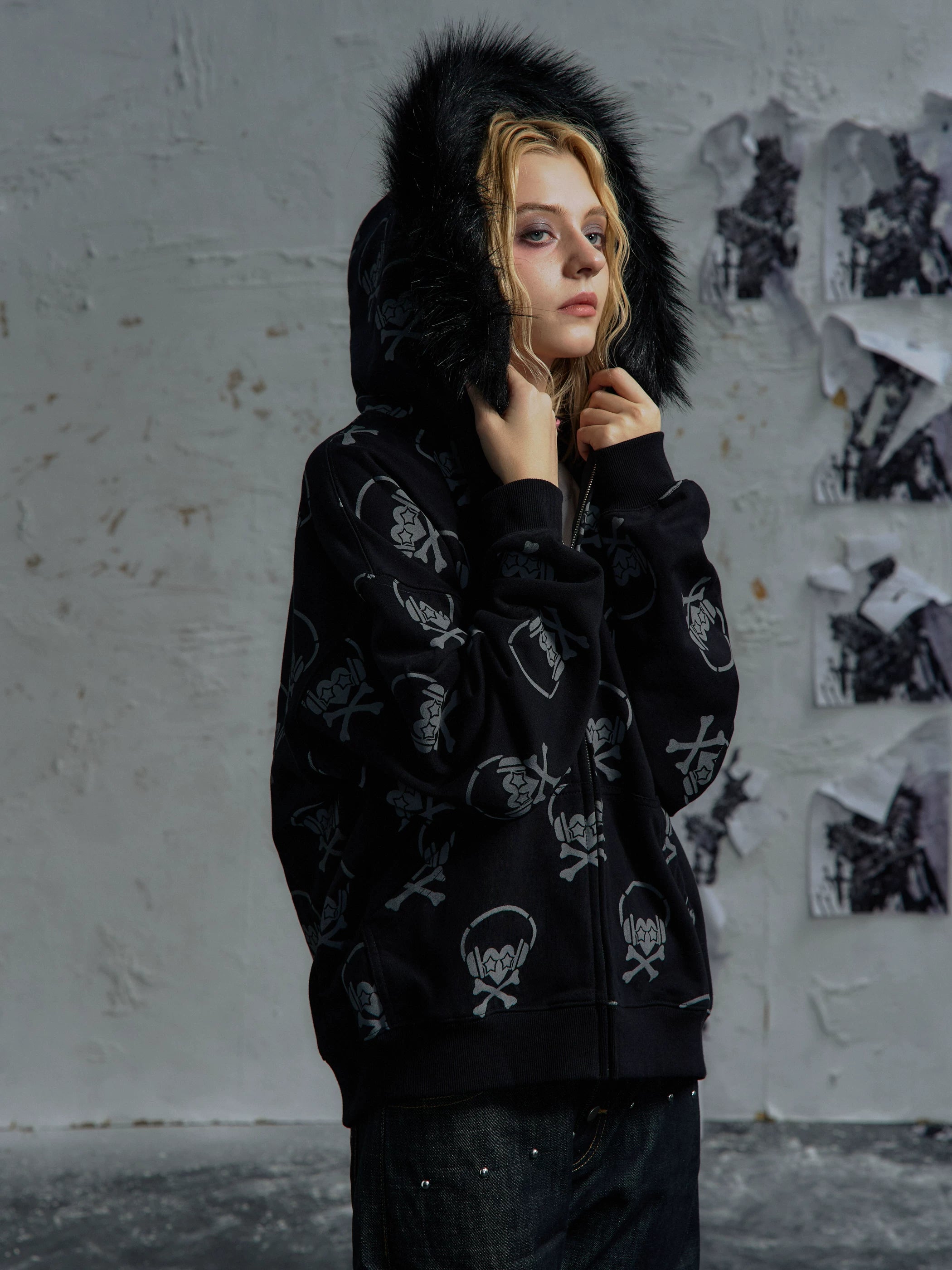 PAIKI Full of Headphones Skull Fur Collar Jacket