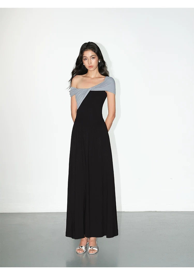 NEVA HU Temperament One-word Shoulder Contrasting Color Splicing Dress