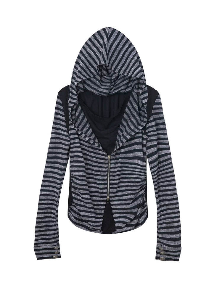 DoublePunch Fake Two-piece Splicing Striped Zipper Long Sleeve