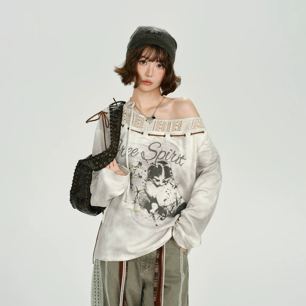 Girlyhalo Vintage Print Splicing Loose Long Sleeves