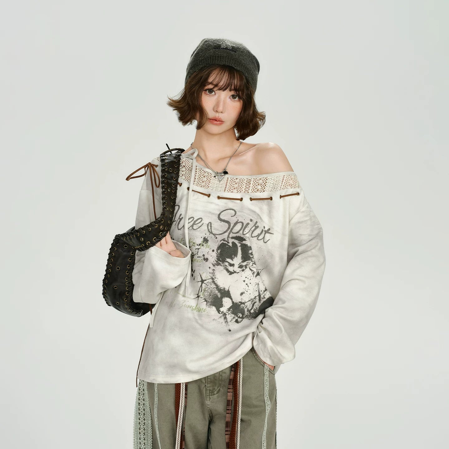 Girlyhalo Vintage Print Splicing Loose Long Sleeves
