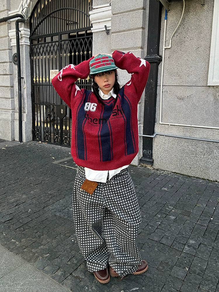 Mershier Striped Color Matching Digital Embroidered Knitted Sweater