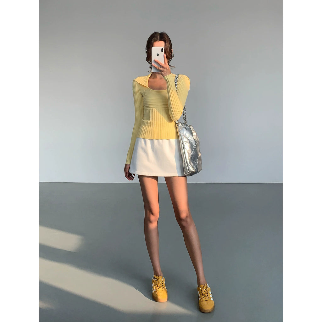 OUSPH Lapel Slim Knit Long Sleeves
