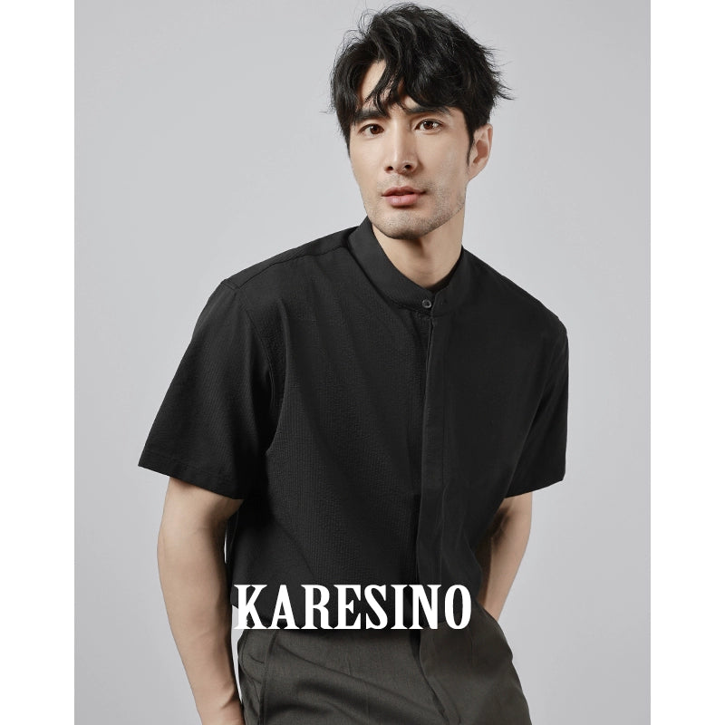 KARESINO Stand-up Collar Casual No-iron Striped Short-sleeved Shirt