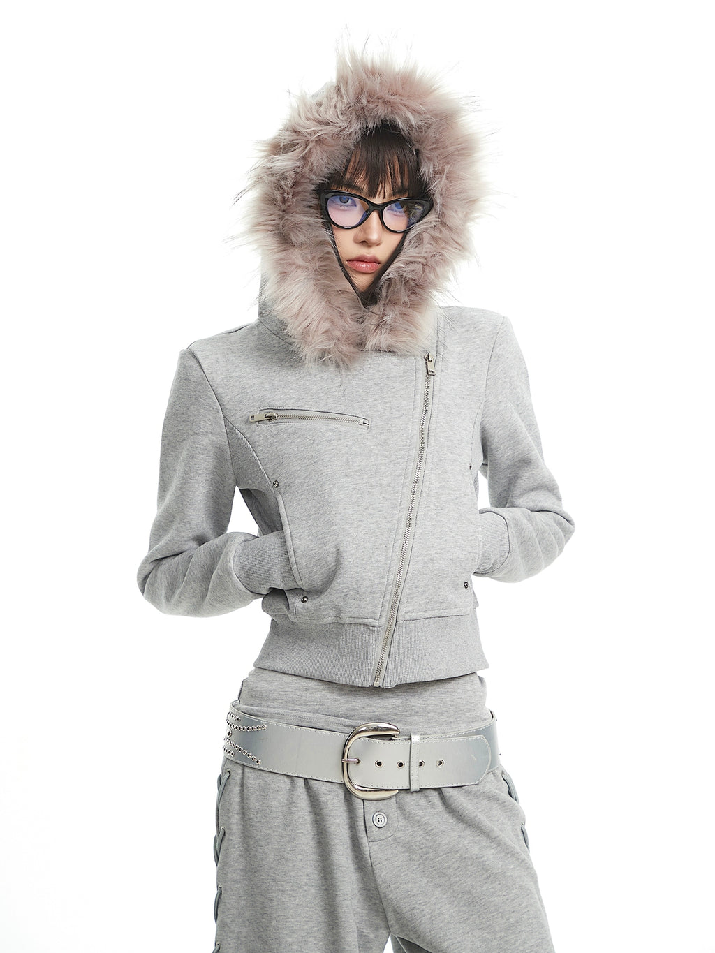 UNCMHISEX Fur Collar Hooded Sweater Jacket