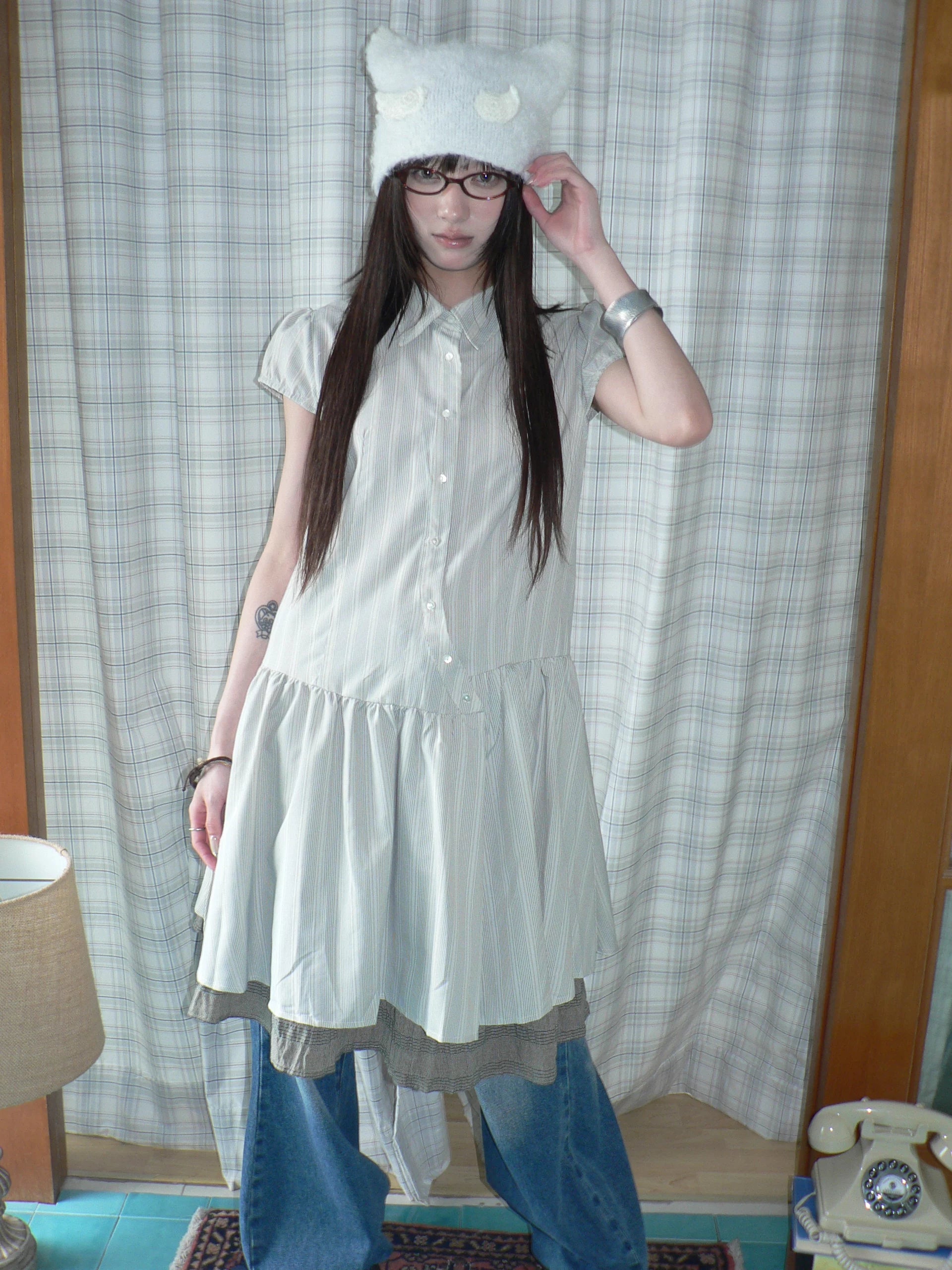 Ang: Project Vertical Striped Bubble Sleeve Lapel Dress