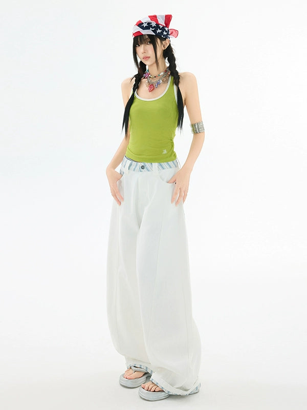 KPSR Splicing Checkered Scimitar Wide Leg Jeans